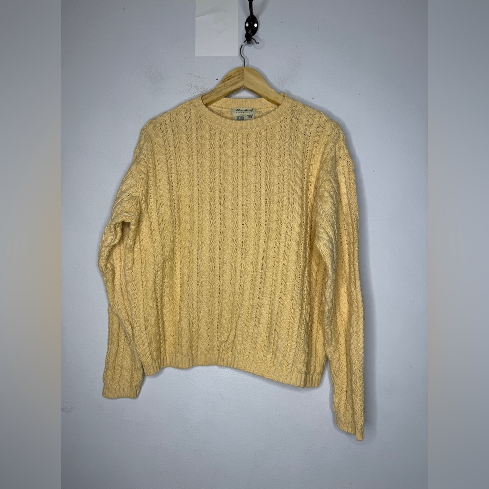 vintage eddie bauer USA Pale Yellow Cableknit Cotton Sweater Fishermans Small